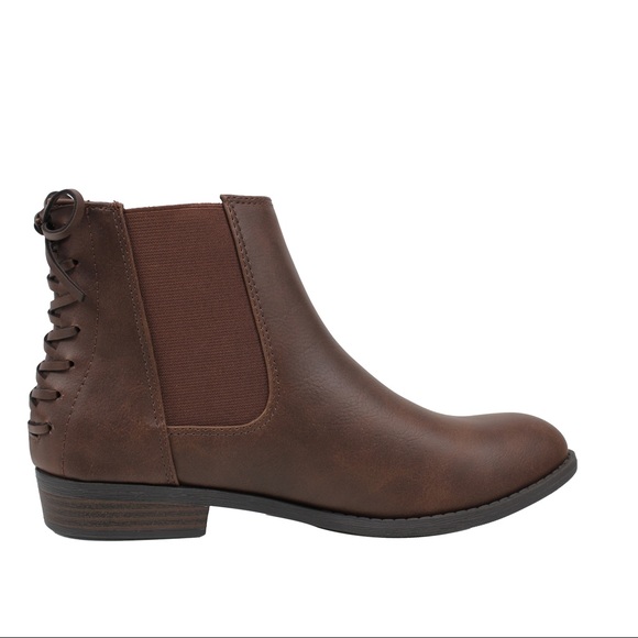 Dark Tan Chelsea Back Lace Up Low Heel Ankle Boot - Picture 3 of 4